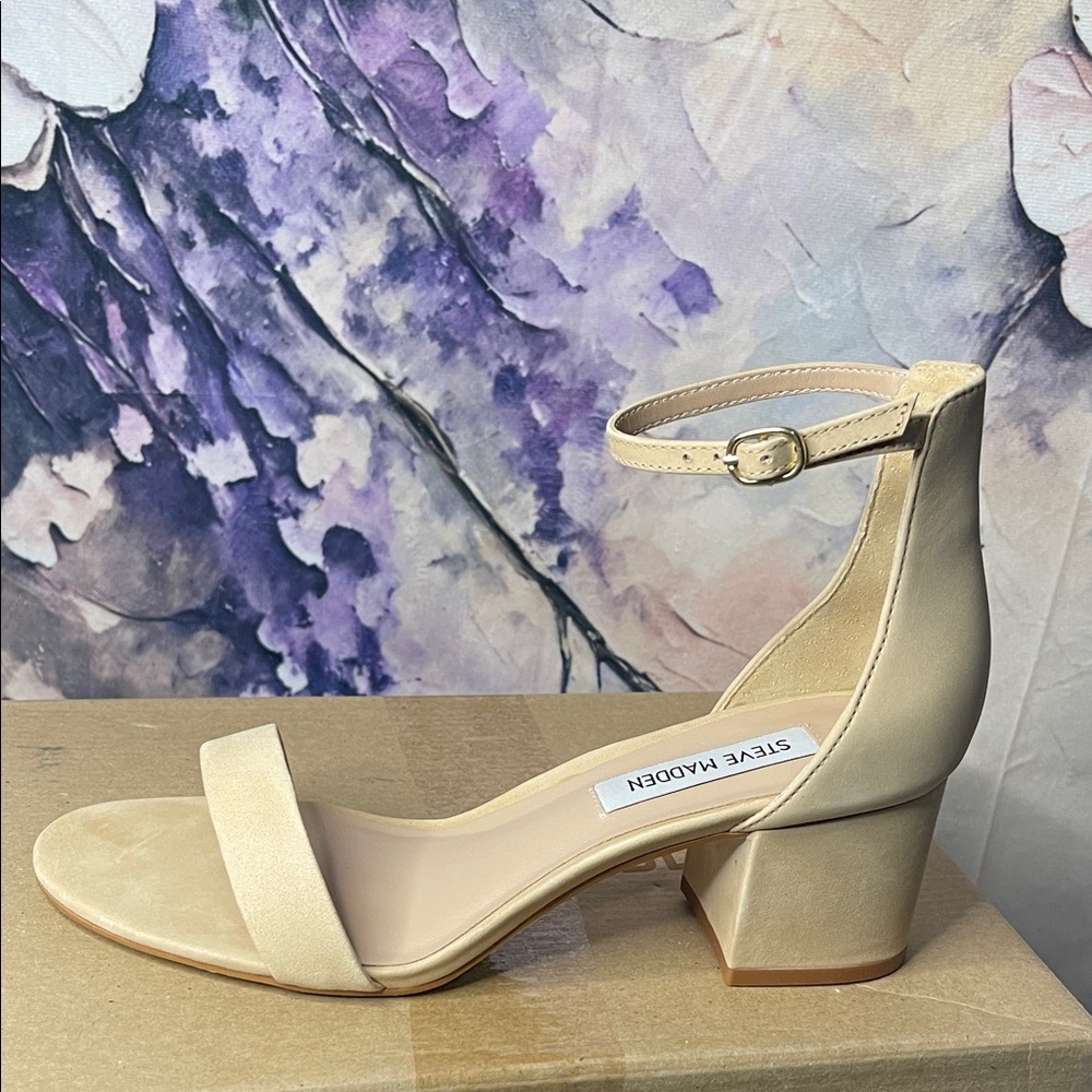 Steve Madden Beige Ankle Strap Block Heel Sandal